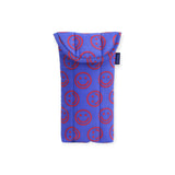Mini puffy glasses case, cobalt blue with red smiley face pattern pouch