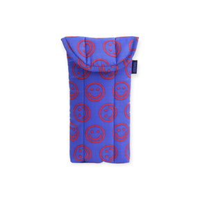 Mini puffy glasses case, cobalt blue with red smiley face pattern pouch