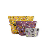 Floral zip pouch set of 3: yellow, purple, and light print pouches with side loops