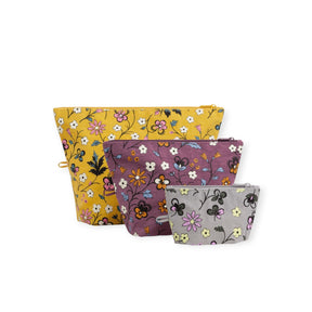 Floral zip pouch set of 3: yellow, purple, and light print pouches with side loops