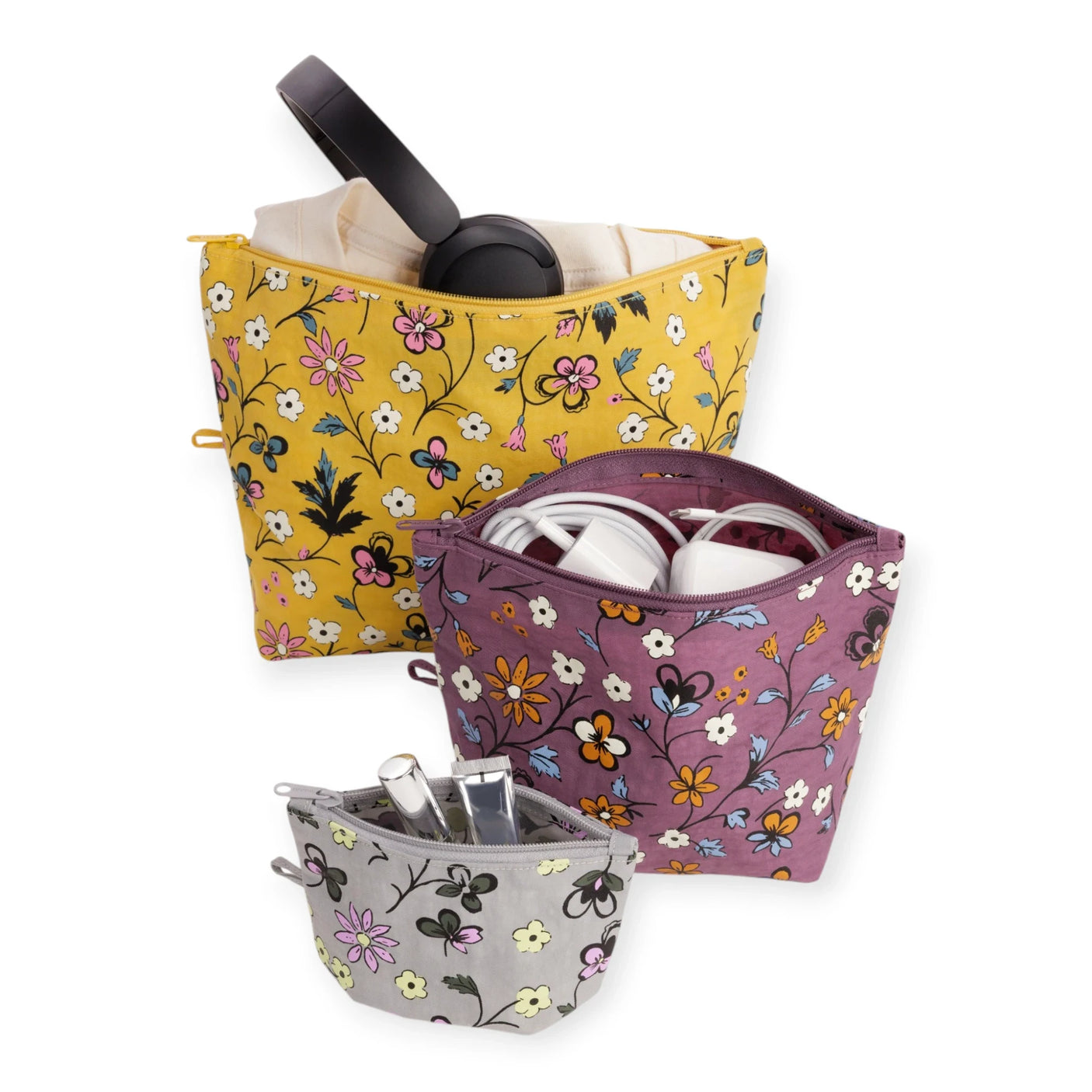 Floral zip pouch set of 3 in yellow, purple, and light prints; side handles