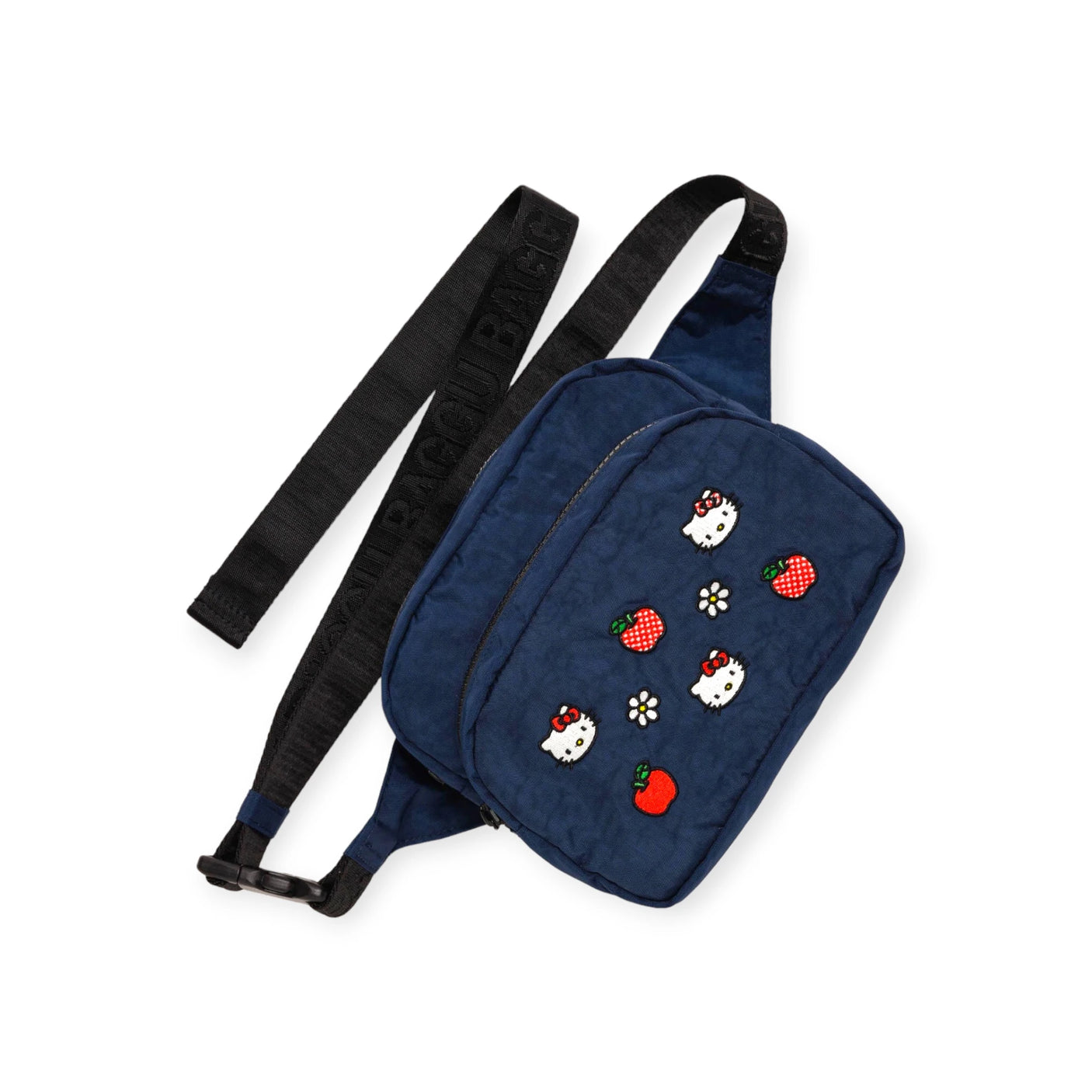 Introducing the Hello Kitty x Baggu Fanny Pack Bag by Baggu, a limited edition piece showcasing a blue crossbody design adorned with embroidered white cats, strawberries, and flowers.