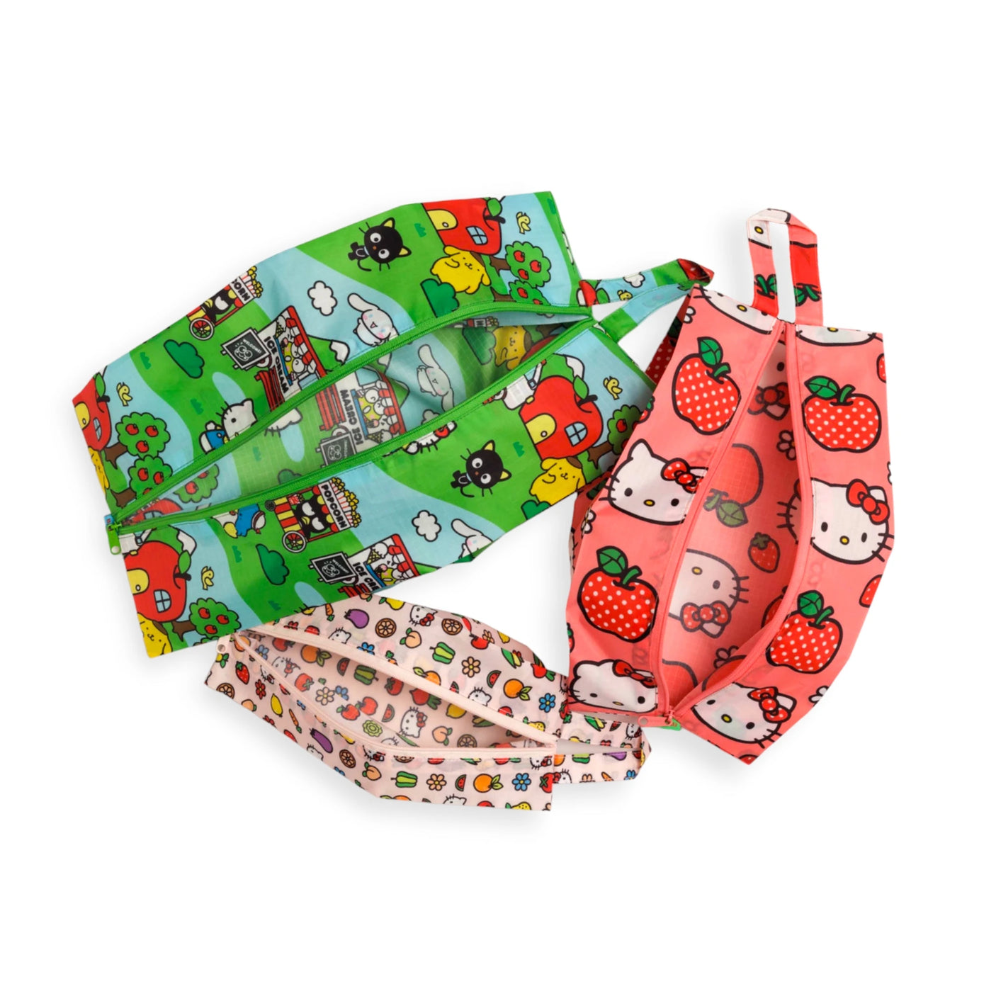 Discover the Hello Kitty x Baggu - Storage & Travel Set by Baggu, featuring three vibrant zippered pouches. Enjoy one with a green background, another decorated with strawberries on a pink backdrop, and a third showcasing scattered icons on white. These pouches are ideal for storage and travel, crafted from sustainable materials.