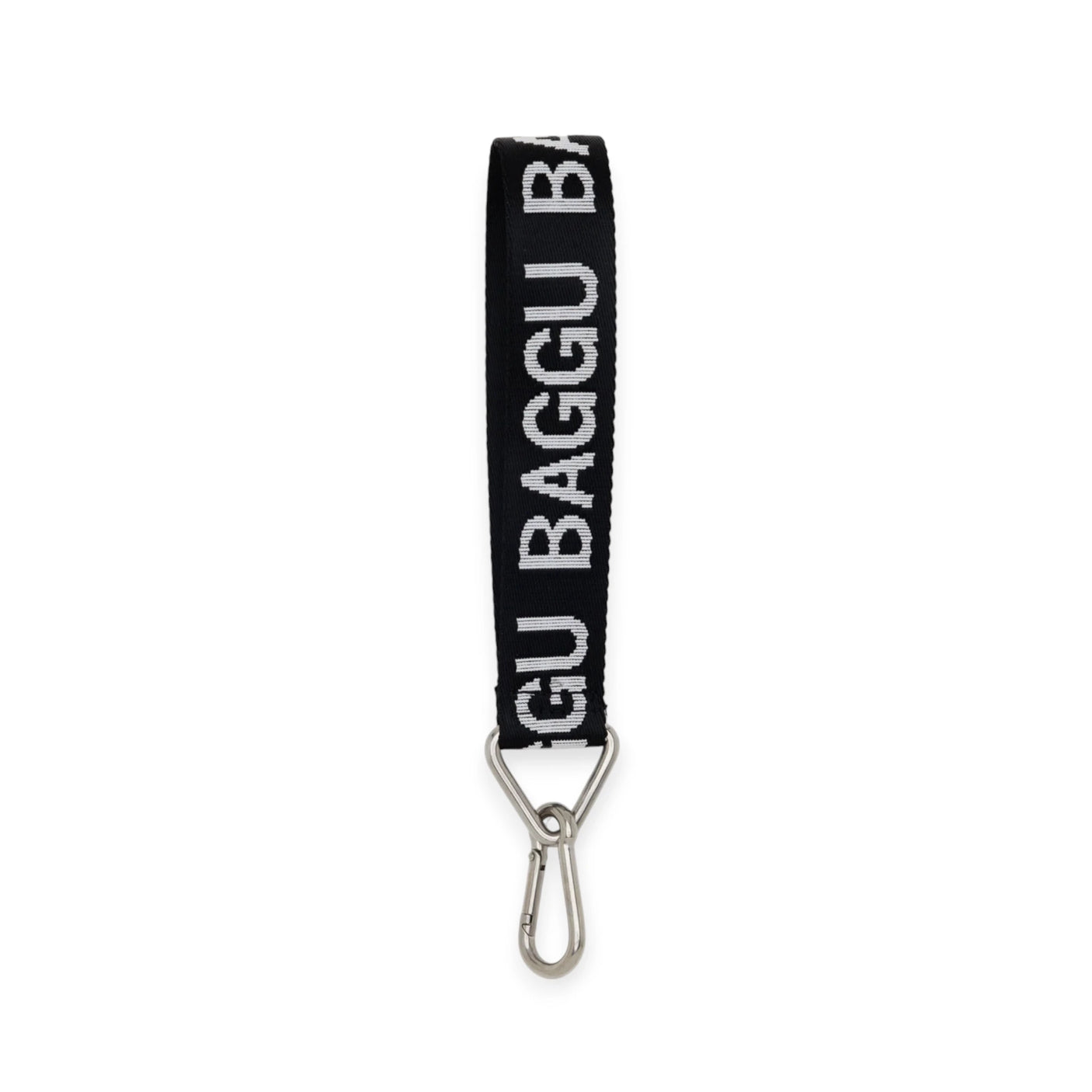 Baggu Keychain - Logo Strap, a black strap made from recycled nylon webbing, showcasing the word "BAGGU" in white letters, and equipped with a metal carabiner clip.