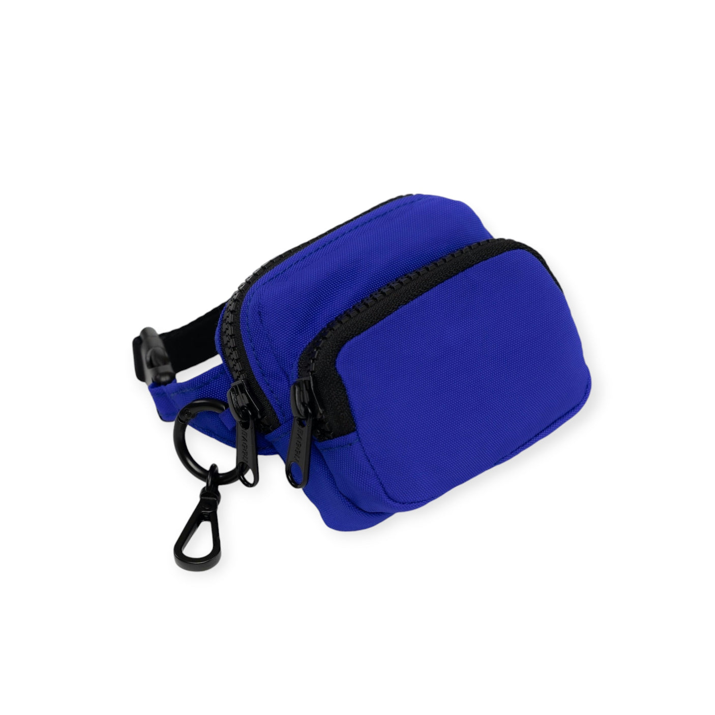 The Baggu Fanny Pack Charm by Baggu is a small blue pouch made from recycled heavyweight nylon, featuring two zippered compartments, a black hook, and an adjustable strap, ideal for use as a fanny pack bag charm.