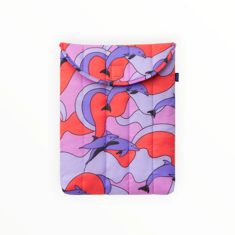 Puffy 13–14-inch laptop case with purple orange dolphin pattern and rounded flap