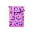Baggu puffy laptop case in pink with blue smiley face pattern, padded exterior