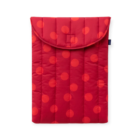 Quilted red puffy laptop case with red polka dots and front flap