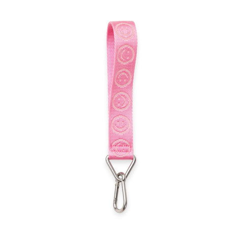 Baggu logo keychain strap in pink with repeating logo pattern and metal clasp