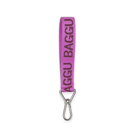 The Baggu Logo Keychain - Pink by Baggu features a recycled nylon pink strap with "BAGGU" in bold letters and a sturdy metal clasp.