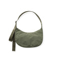 Medium crescent nylon bag in green with curved open top and adjustable shoulder strap
