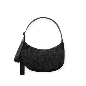 Medium crescent nylon shoulder bag, dark charcoal with ditsy floral print