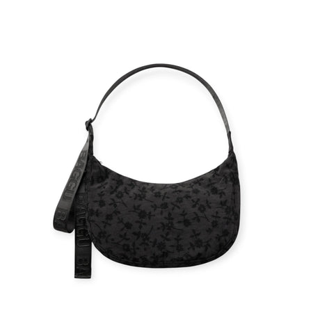 Medium crescent nylon shoulder bag, dark charcoal with ditsy floral print