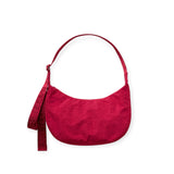 Cherry red nylon crescent bag with top handle and front hanging tag loop