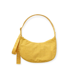 Medium nylon crescent bag in sunflower yellow, curved hobo shape with top handle