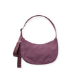 Wild plum nylon crescent hobo bag with top carry handle and attached wrist strap