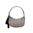 Black and cream gingham crescent shoulder bag with zip top and webbing strap