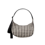 Black and cream gingham crescent shoulder bag with zip top and webbing strap