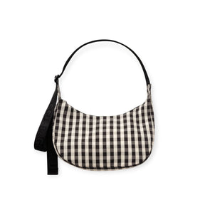 Black and cream gingham crescent shoulder bag with zip top and webbing strap