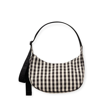 Black and cream gingham crescent shoulder bag with zip top and webbing strap