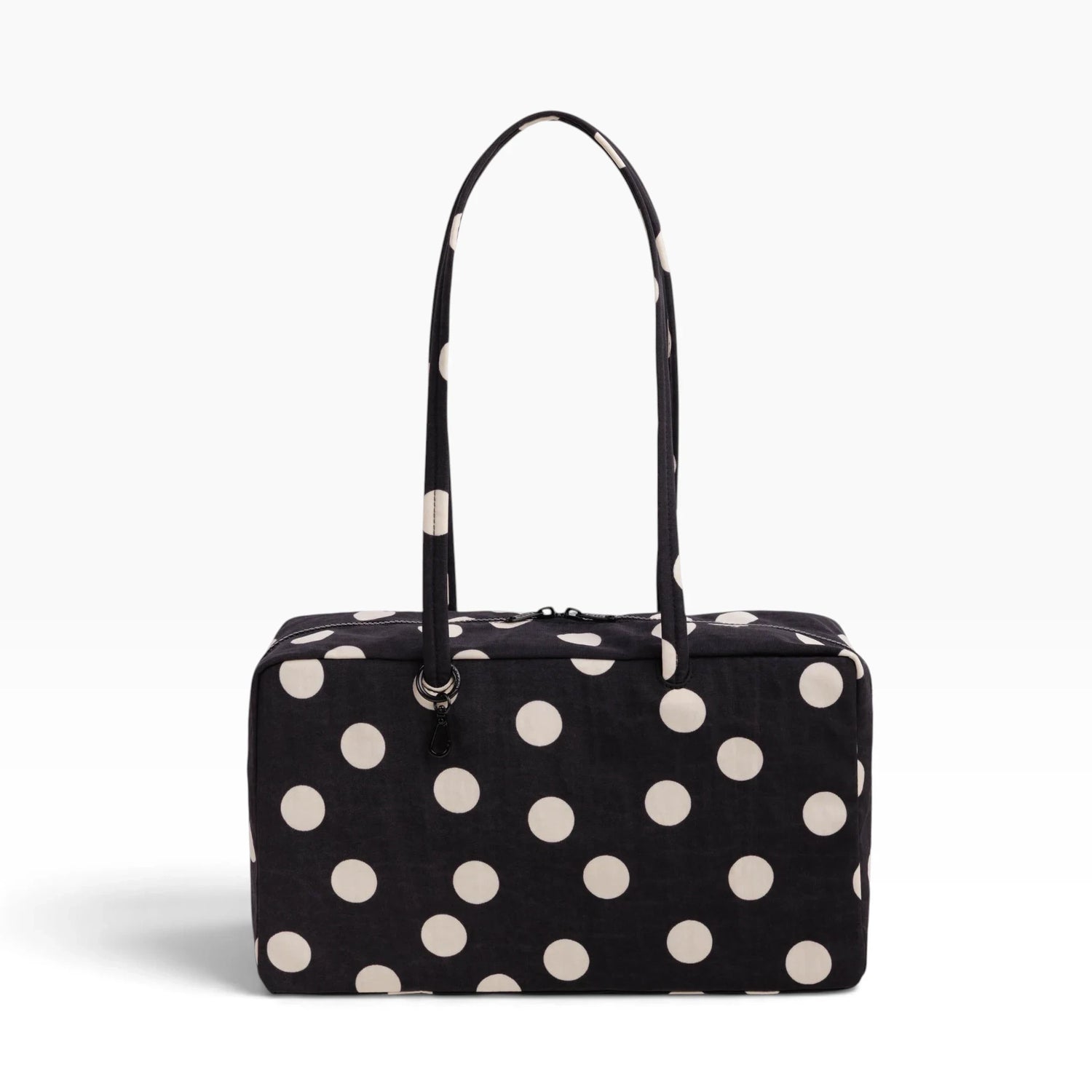 Medium nylon bowler bag in black with cream polka dots, top zipper and handles