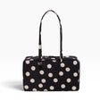 Medium nylon bowler bag in black with cream polka dots, top zipper and handles