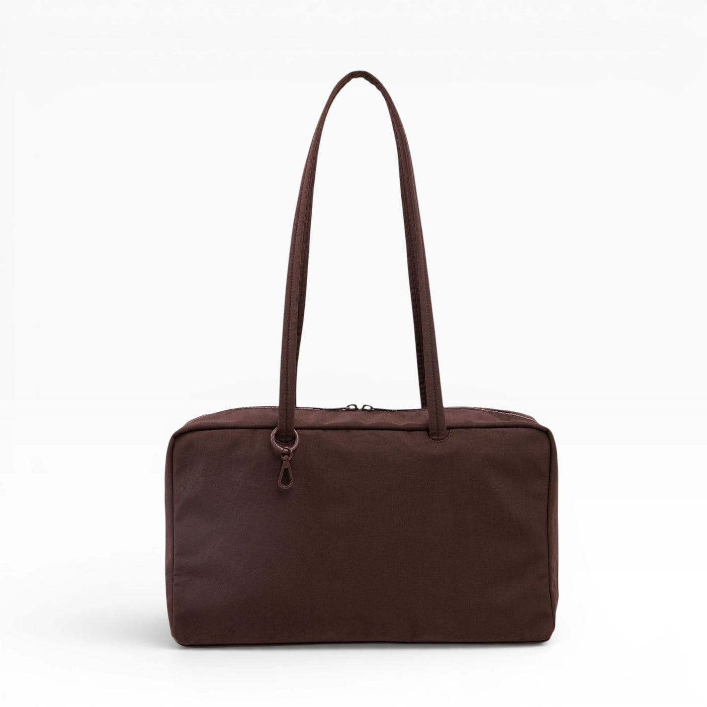 Medium nylon bowler bag in coffee brown with top handles and zip closure