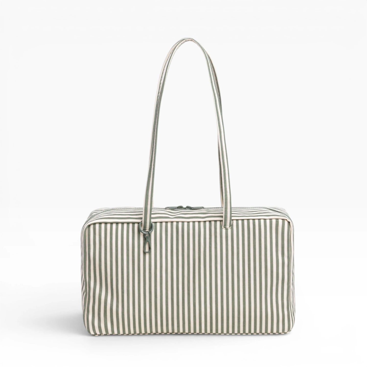 Medium nylon bowler bag with vertical sage-and-white stripe, top handles, zip closure