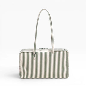 Medium nylon bowler bag with vertical sage-and-white stripe, top handles, zip closure