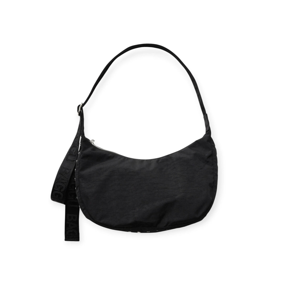 Medium crescent nylon hobo bag in black, with studded strap accents