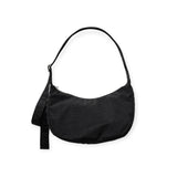 Medium crescent nylon hobo bag in black, with studded strap accents