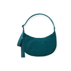 Baggu medium nylon crescent bag, deep teal, crescent shoulder strap.