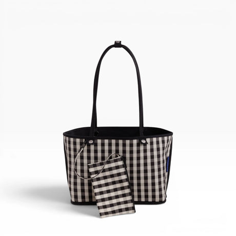 Reversible medium nylon tote with black-and-white check pattern and matching pouch