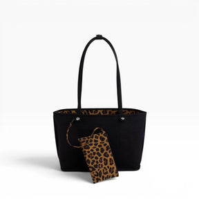 Medium reversible tote bag, black with leopard print pouch and top handles