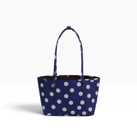 Medium reversible nylon tote, navy with large white polka dots, open top