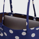 Reversible nylon tote interior view, brown lining with open top and strap hardware