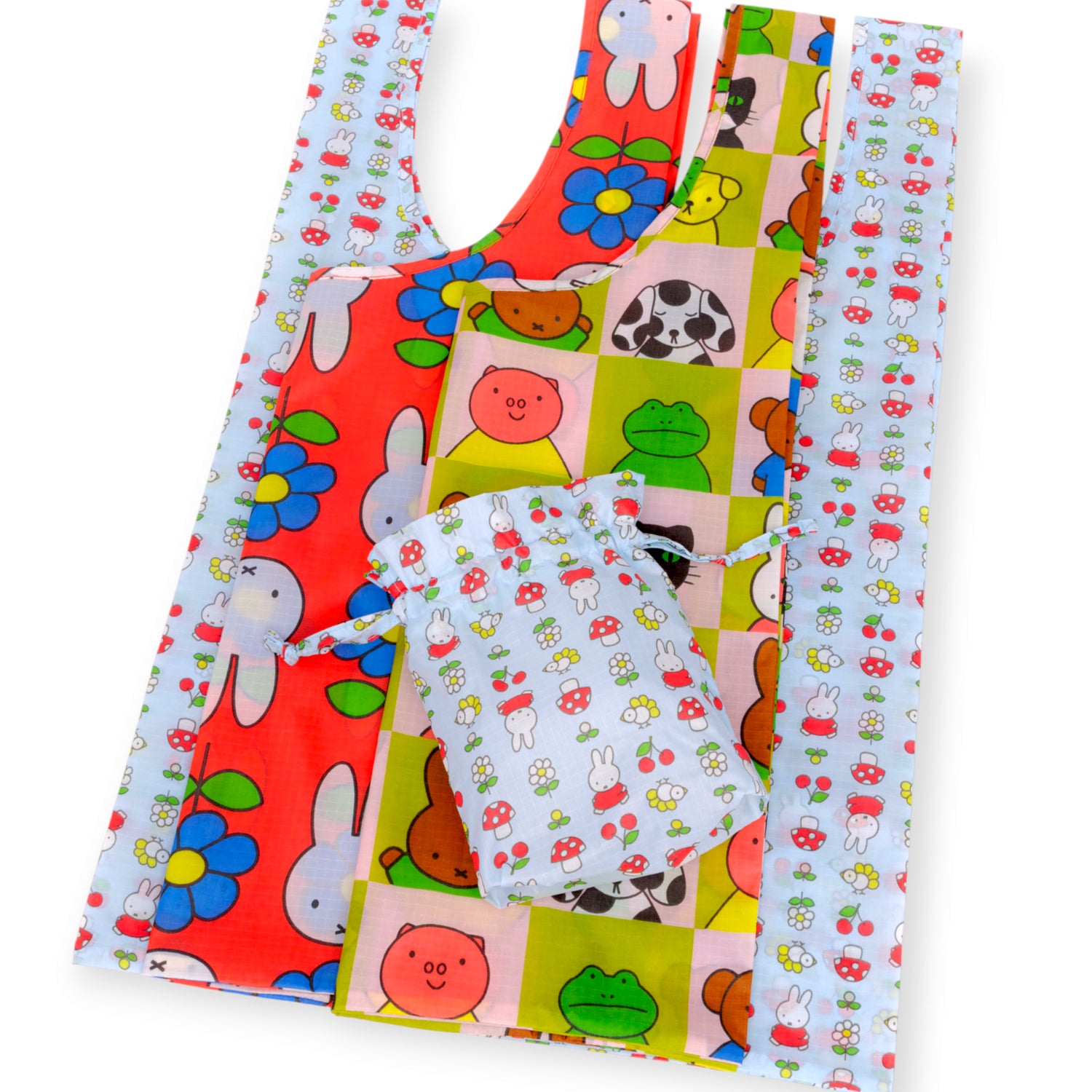 The Baggu Standard Baggu x Miffy Set includes two reusable bags and a matching pouch, all with playful animal and flower designs—ideal for brightening your eco-friendly shopping trips.