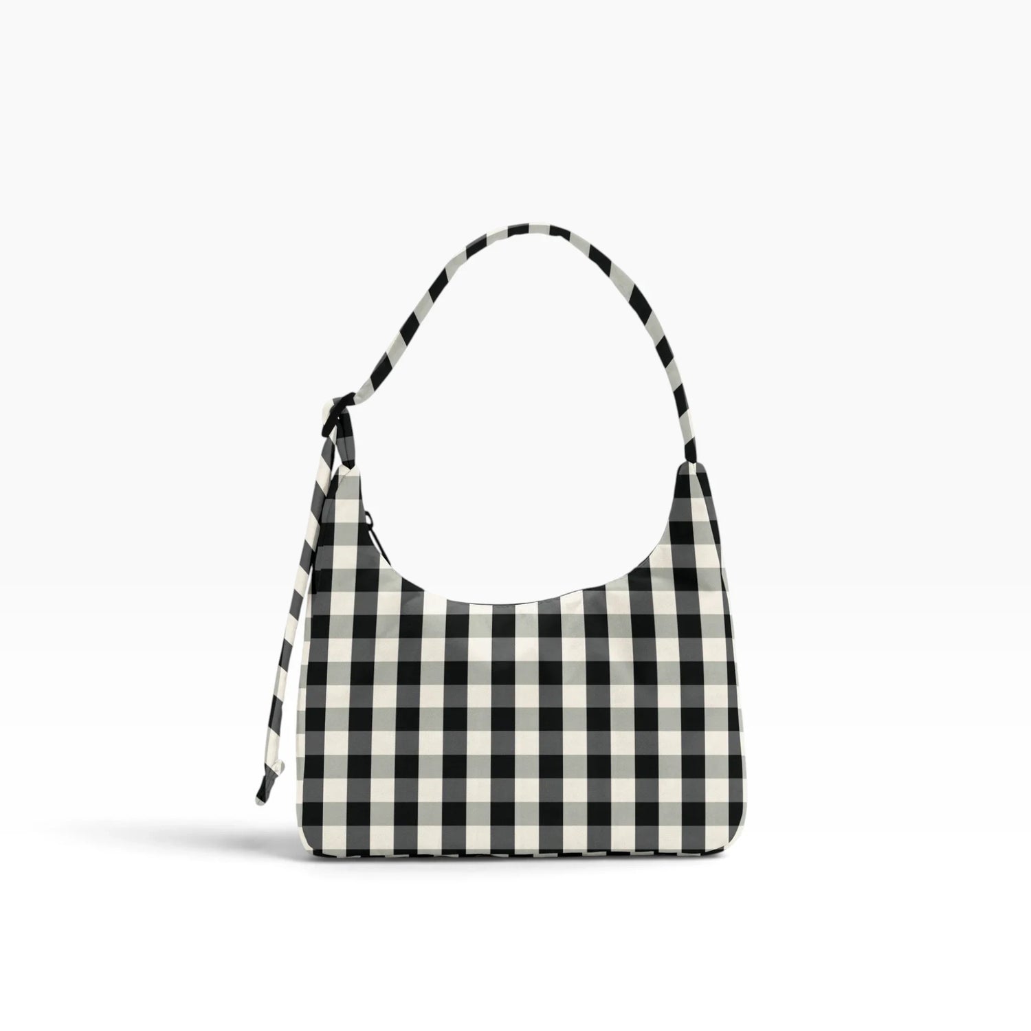 Mini gingham nylon shoulder bag in black and cream, with top handle and strap