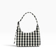 Mini gingham nylon shoulder bag in black and cream, with top handle and strap