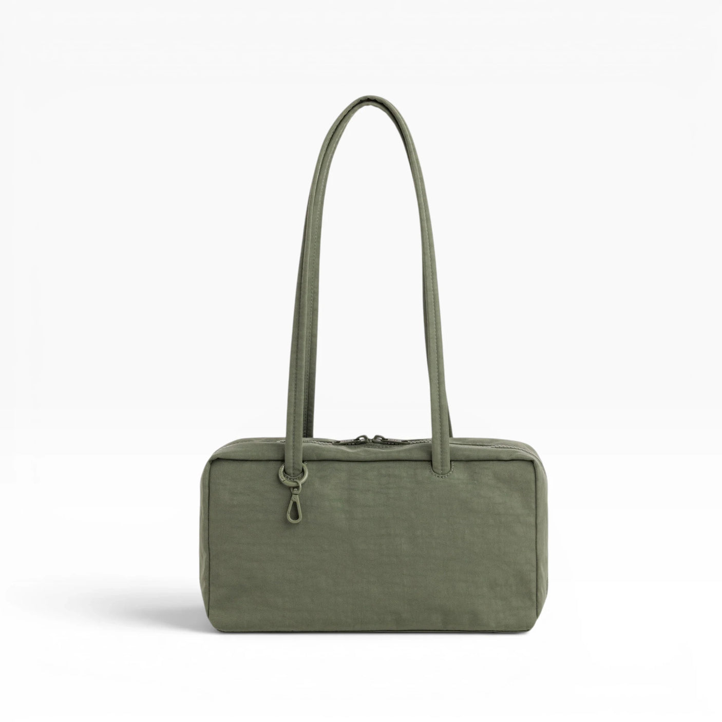 Baggu nylon bowler bag in olive green, rectangular shape with top handles