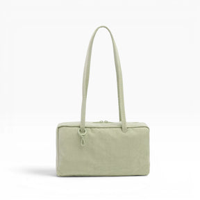 Celadon nylon bowler bag with top handles and front zipper pocket