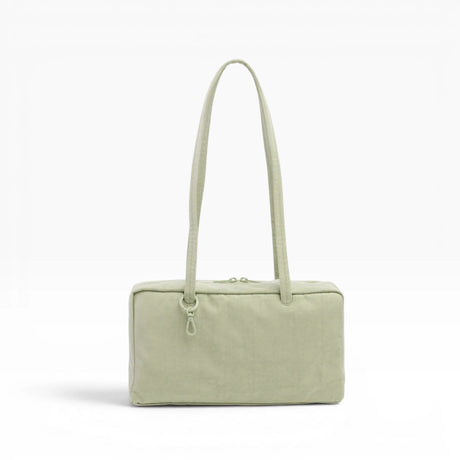 Celadon nylon bowler bag with top handles and front zipper pocket