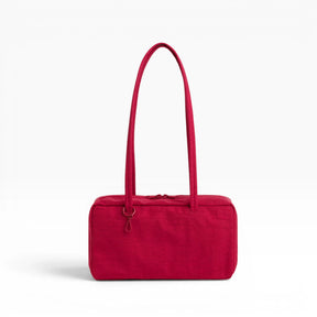 Baggu nylon bowler bag, cherry red, with rolled handles and zip-front panel