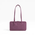 Plum nylon bowler bag with top handles and rectangular shape, front view