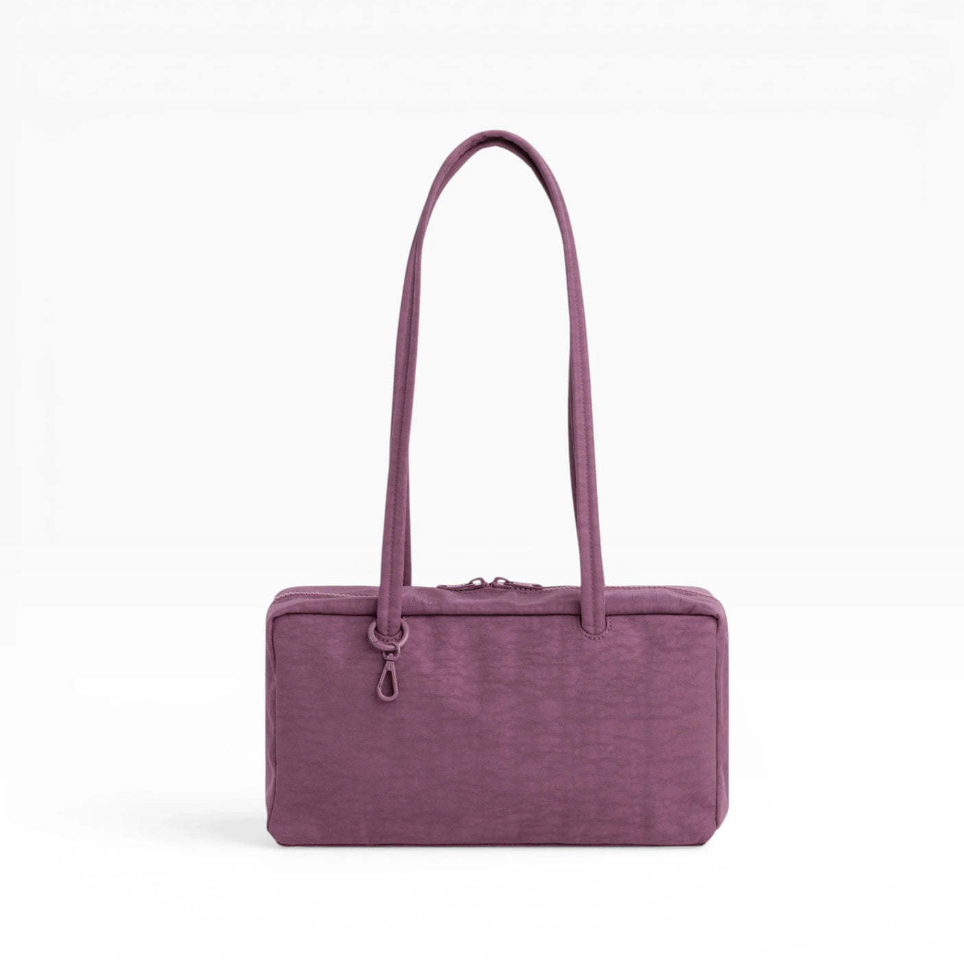 Plum nylon bowler bag with top handles and rectangular shape, front view
