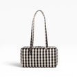 Black and cream gingham bowler bag with tall top handles and zip closure