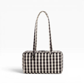 Black and cream gingham bowler bag with tall top handles and zip closure
