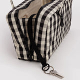 Gingham nylon bowler bag with zipper opening, black trim, keyring clip
