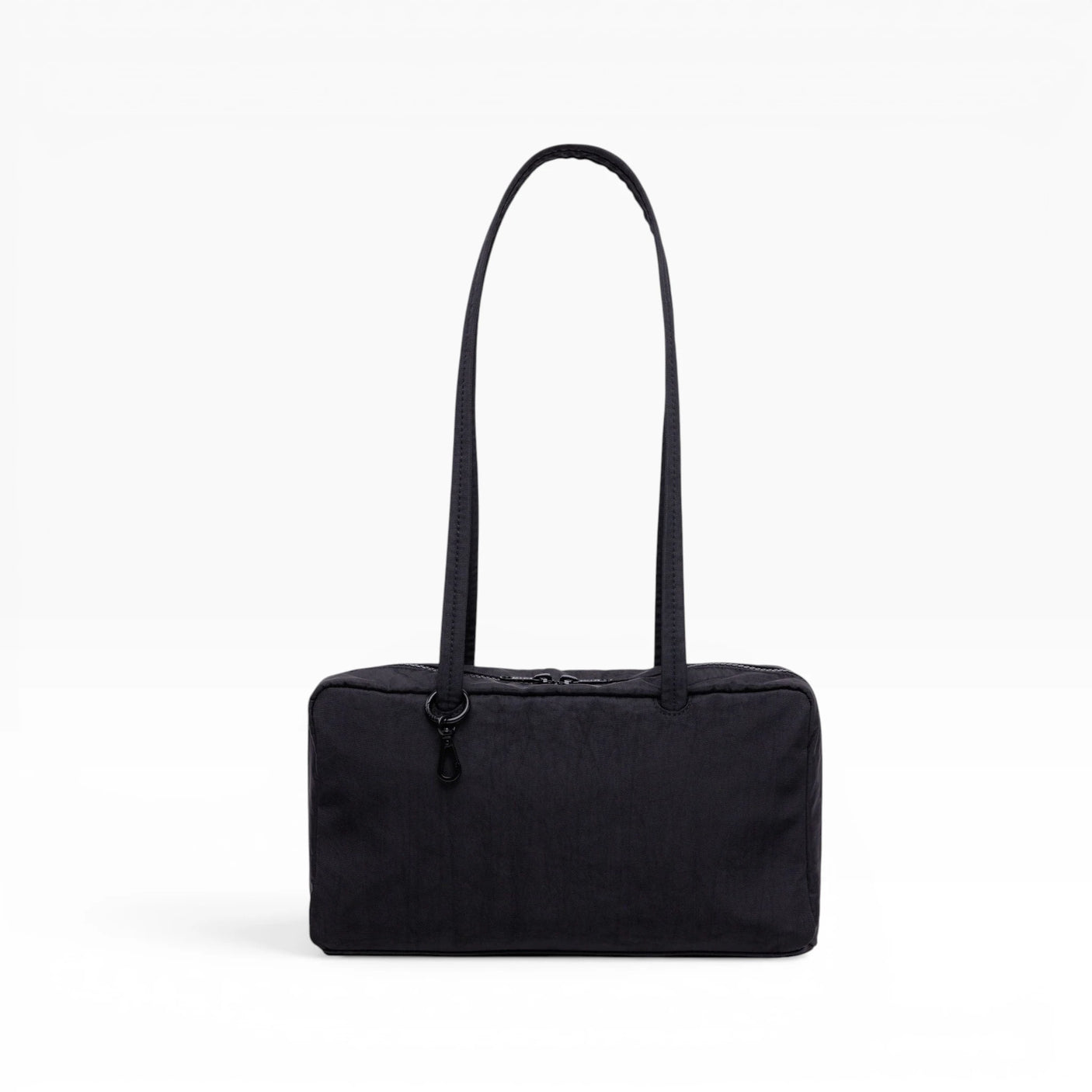 Black nylon bowler bag with top handles and zip closure