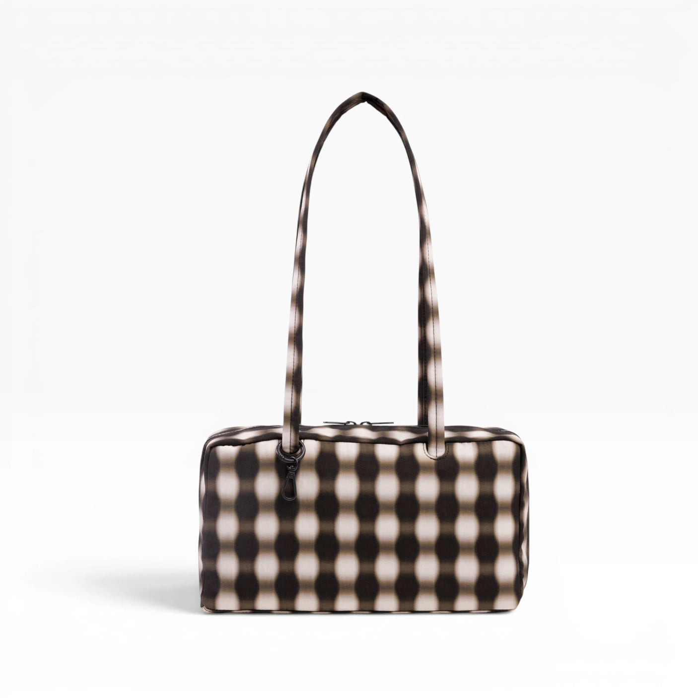 Nylon bowler bag with blurred gingham pattern and top handles
